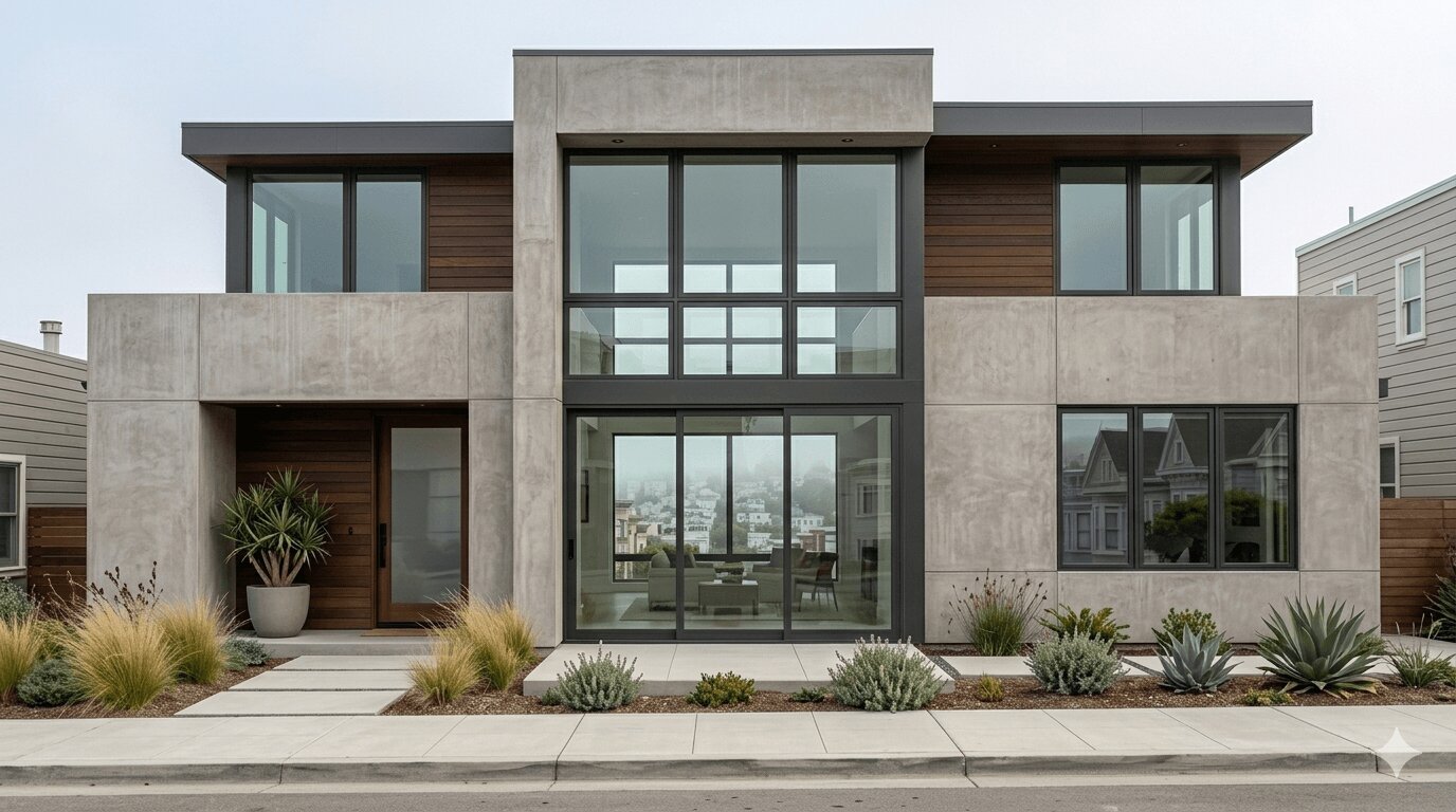 Aluminum-clad windows installed on a modern San Francisco coastal home exterior resistant to salt air and fog