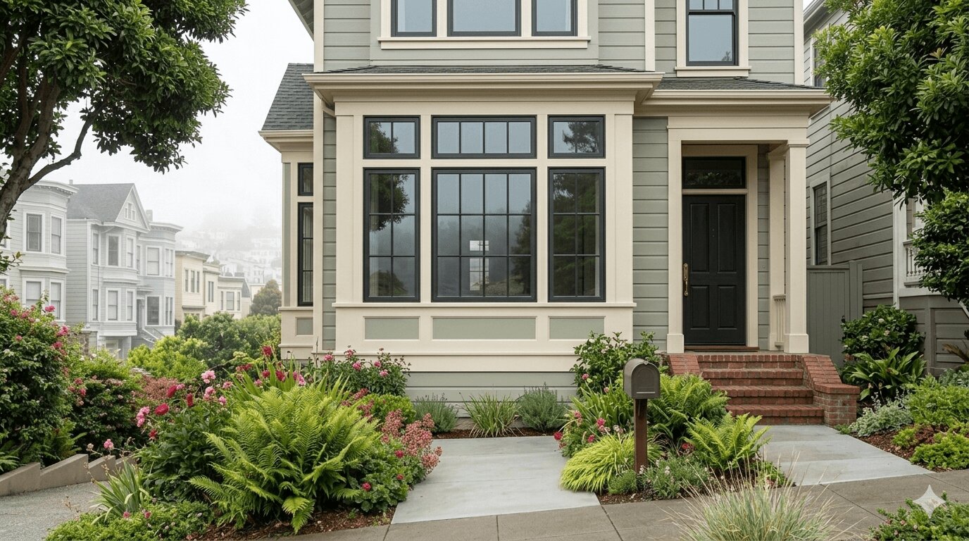 Durable fiberglass window frames installed on a Bay Area home exterior built to handle coastal climate conditions