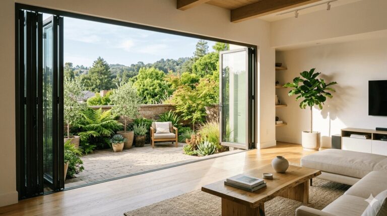 Fully open bifold glass doors connecting a modern Bay Area living room to an outdoor patio