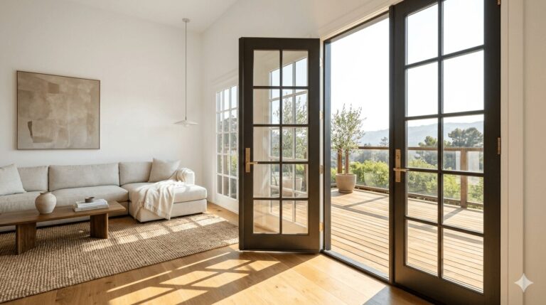 French doors with full-length glass panes open to a sunny Bay Area home patio deck