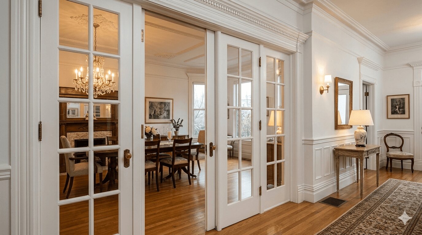 Elegant French doors with glass panels inside a classic Victorian San Francisco home interior
