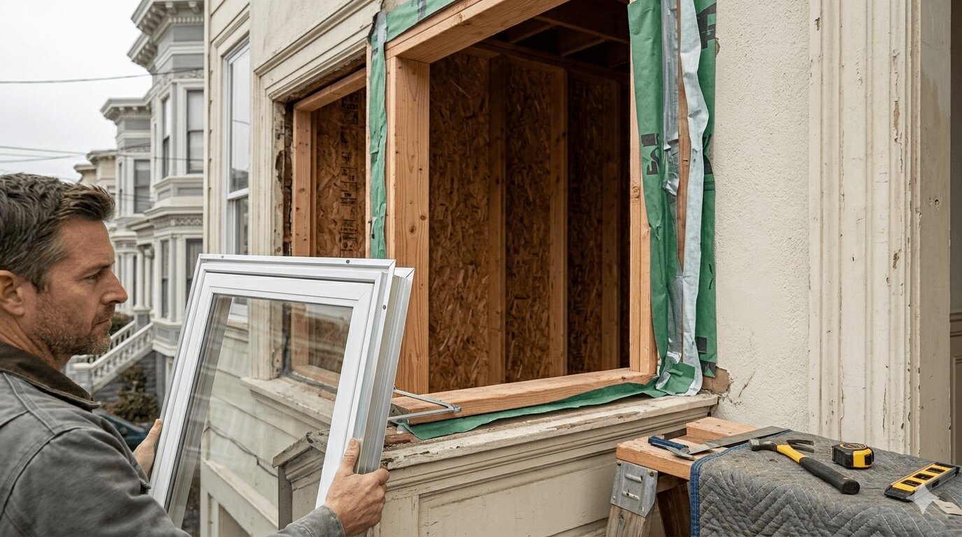 New construction window with nail fin positioned in exposed rough opening showing wall sheathing and studs