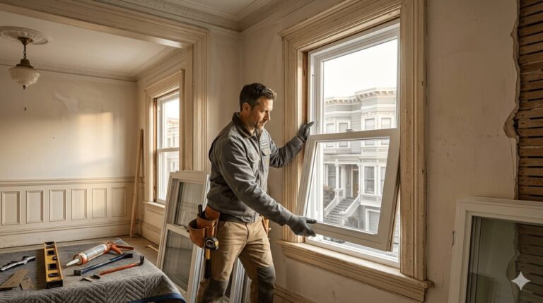 Professional installer fitting a retrofit window unit into an existing wooden frame inside a San Francisco Victorian home