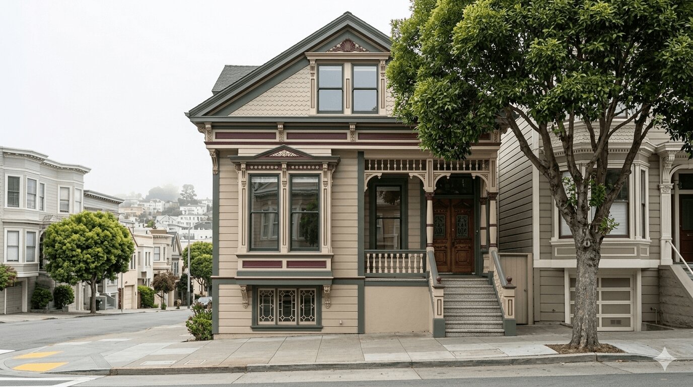 Historic Victorian home in San Francisco with original window frames subject to planning department preservation rules