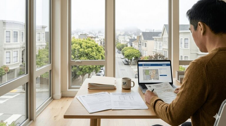 Homeowner reviewing San Francisco window replacement permit documents and building code requirements