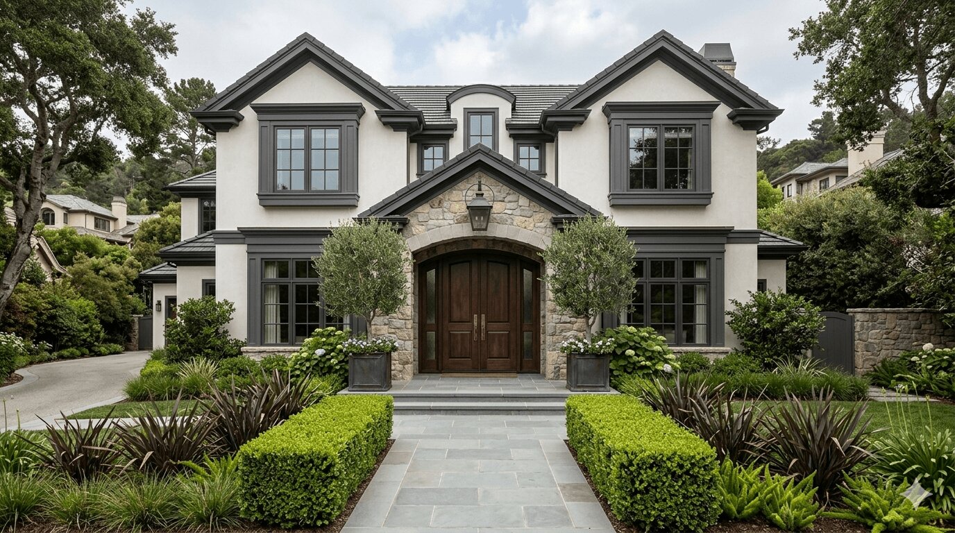 Solid wood double doors on the grand exterior entryway of a large San Francisco Bay Area home