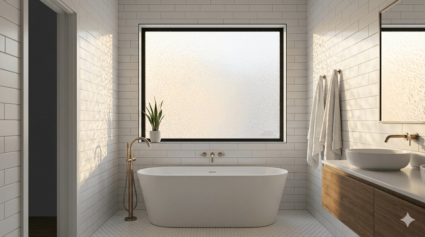 Frosted tempered glass window above bathtub in modern San Francisco bathroom meeting California building code