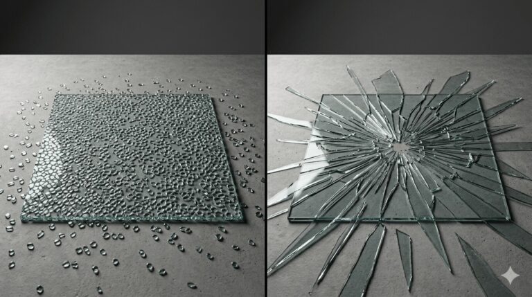 Side-by-side comparison of tempered glass small safe fragments versus sharp dangerous shards of regular annealed glass after breaking