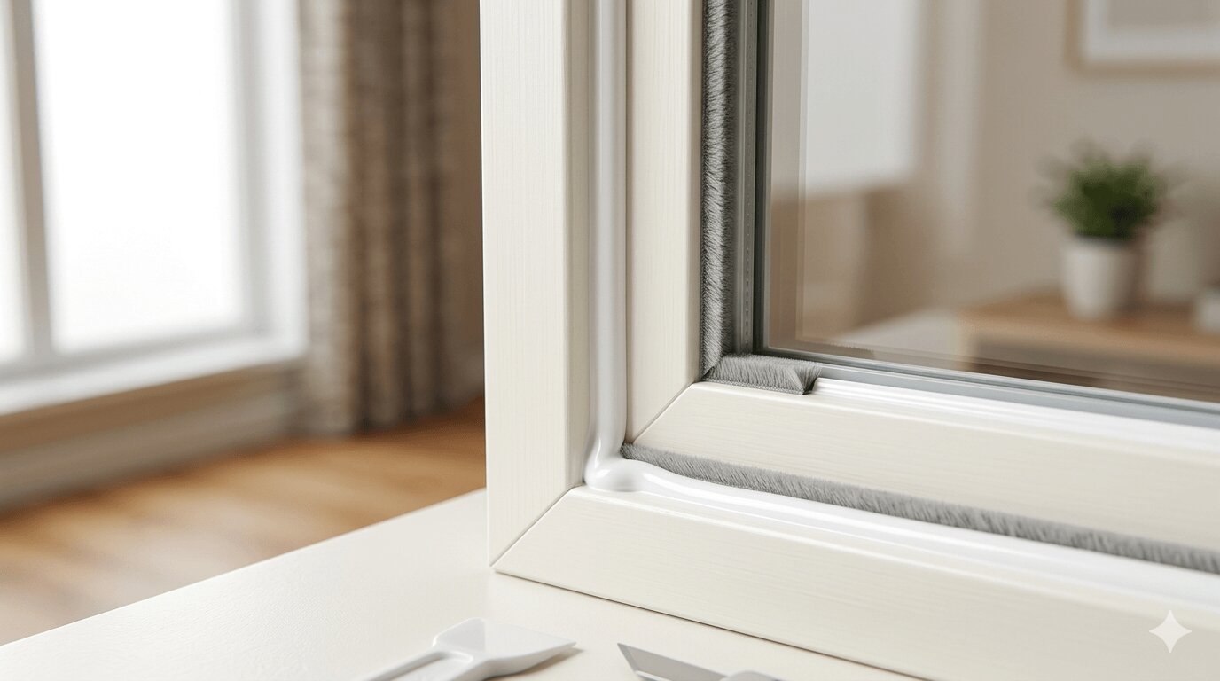 Close-up of window weatherstripping and caulking seal for noise reduction