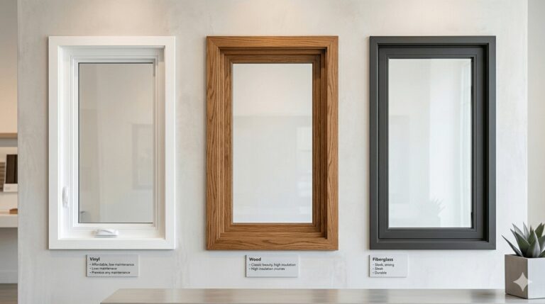 Side-by-side comparison of vinyl, wood, and fiberglass window frame materials in a home showroom display