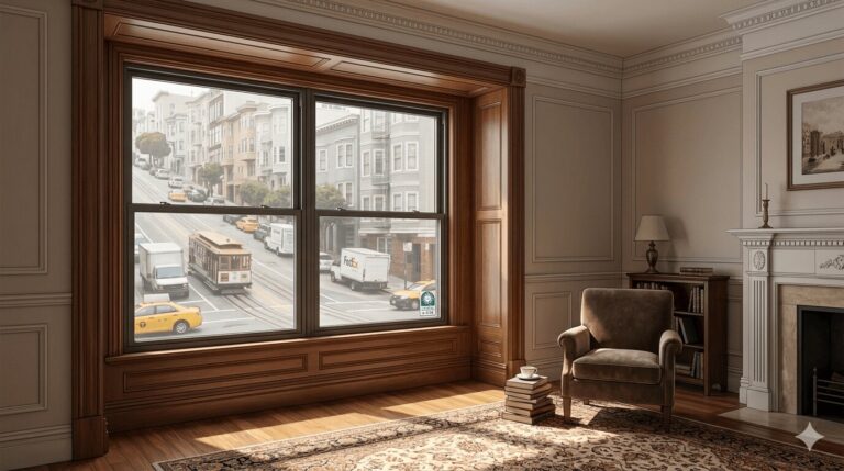 Double-pane soundproof window in a San Francisco Victorian home blocking city street noise