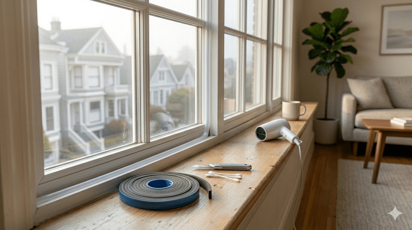 New silicone weatherstripping installed on a vinyl window frame to stop drafts and rattling