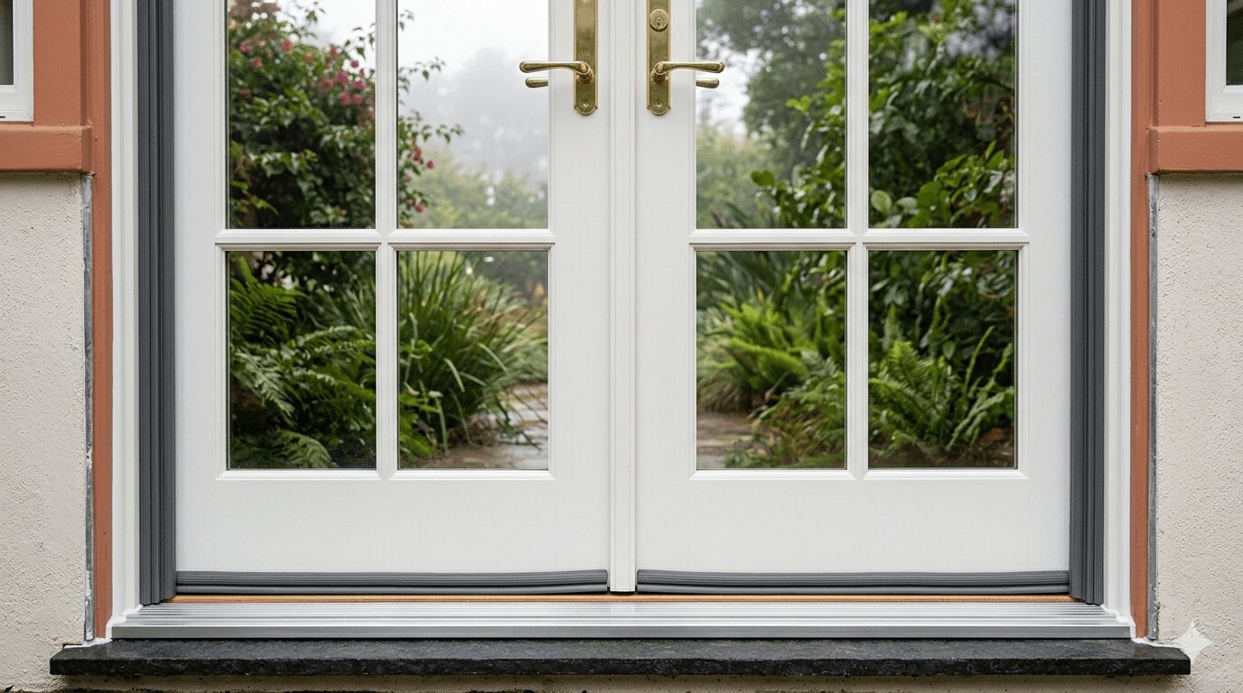 Properly sealed exterior French doors with weatherstripping and flashing on a Bay Area home