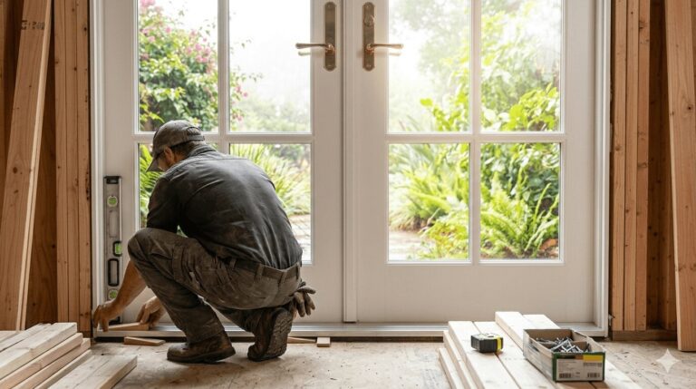 Professional contractor leveling a prehung French door during installation in a Bay Area home