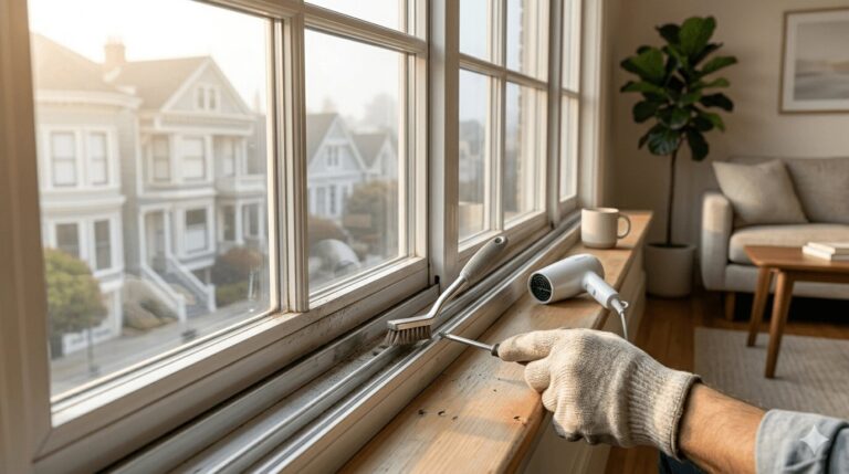 Homeowner cleaning and adjusting a sliding window track to fix rattling