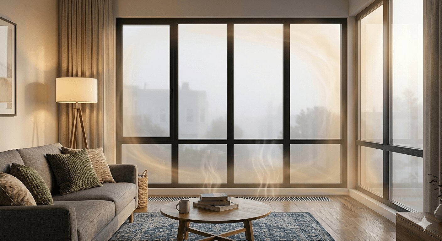 Modern San Francisco home with energy-efficient windows keeping warmth inside on a foggy morning