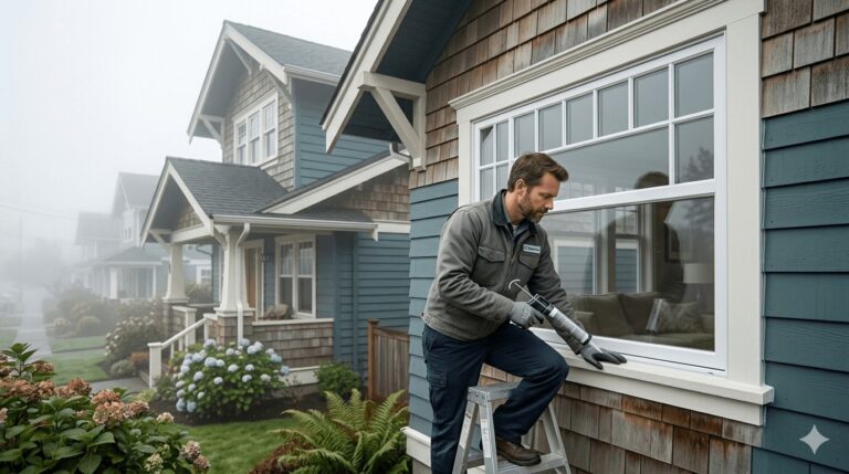 Professional applying silicone caulk along exterior window frame on a San Francisco craftsman home