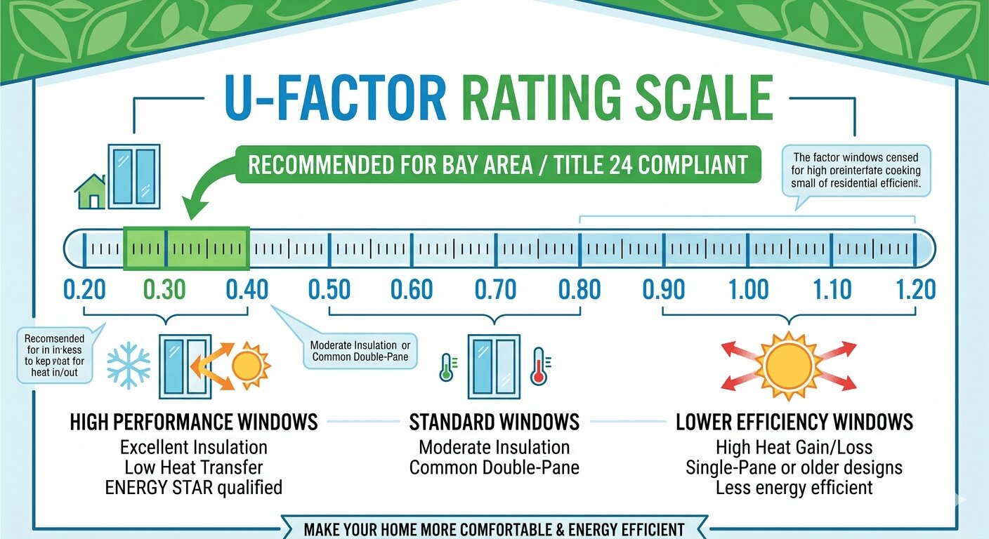 U-factor rating scale diagram for residential windows showing the 0.25–0.30 recommended range for Bay Area homes
