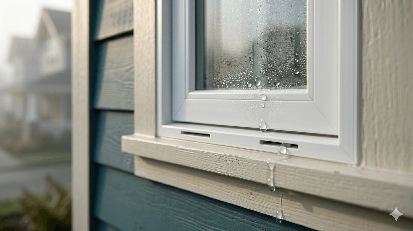 Close-up of vinyl window weep holes allowing proper moisture drainage along the bottom frame