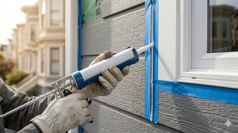 Hands applying a smooth white caulk bead along exterior window frame joint with painter's tape on fiber cement siding