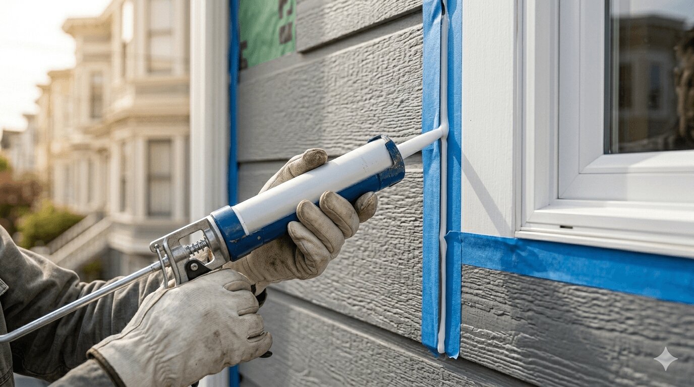Hands applying a smooth white caulk bead along exterior window frame joint with painter's tape on fiber cement siding