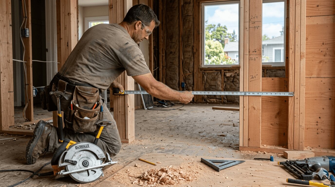 Contractor measuring a rough door opening in a Bay Area home before French door installation