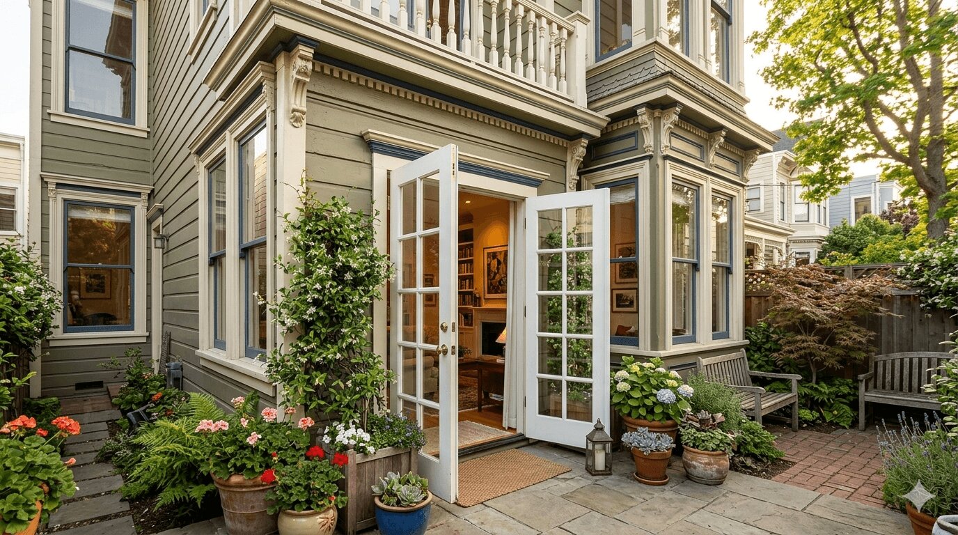 White French patio doors fully open on the exterior of a classic Victorian San Francisco home