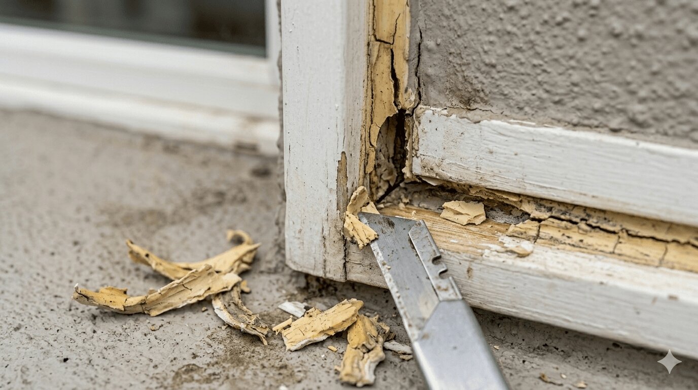 Cracked yellowed caulk being scraped from exterior window frame and stucco wall joint during surface preparation