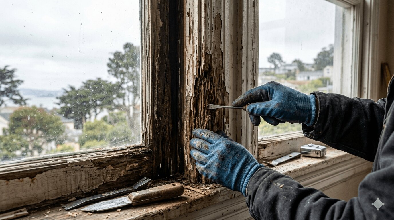 Contractor inspecting a rotted wood window jamb with moisture damage on a Bay Area home