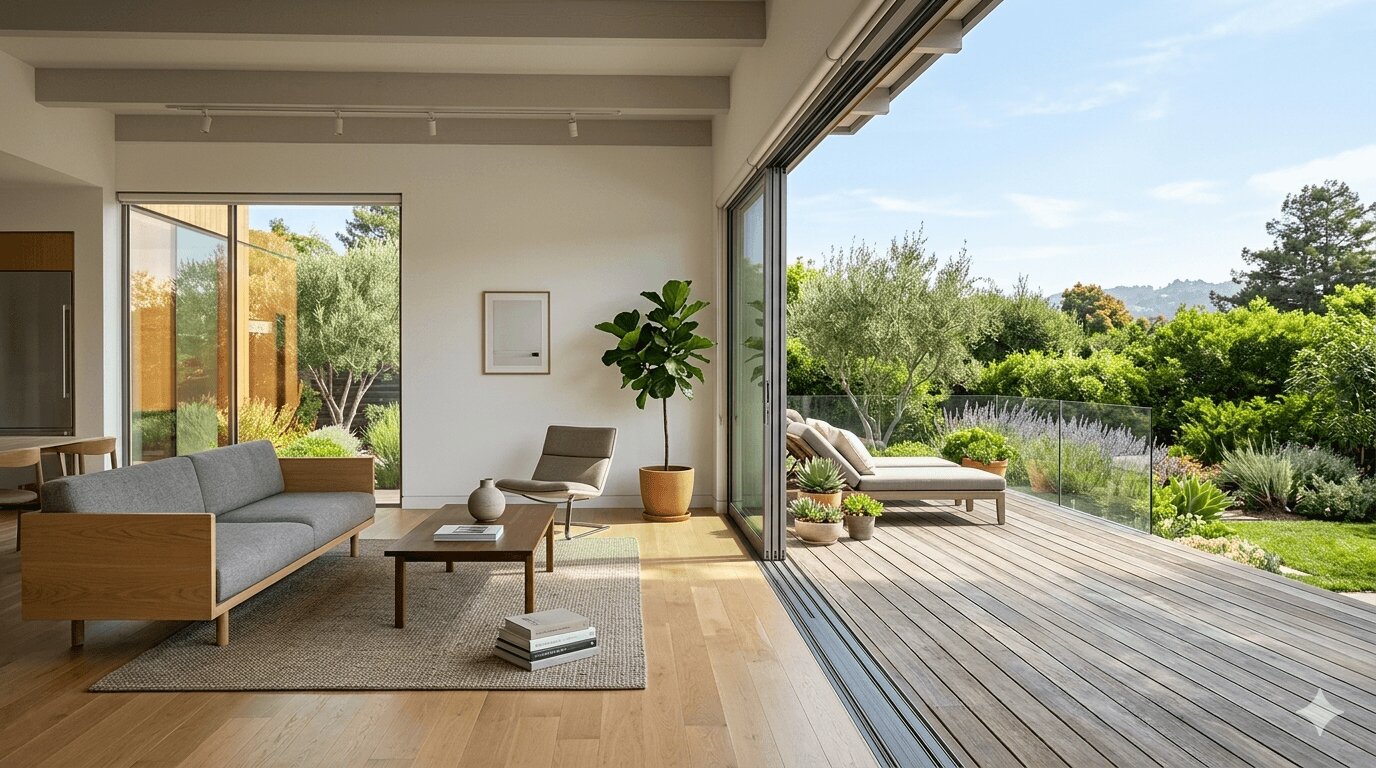 Modern sliding glass patio door open to a sunny Bay Area backyard deck and garden