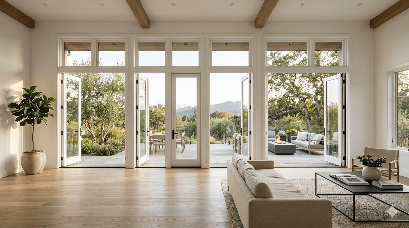 Tall 96-inch French doors with floor-to-ceiling glass panes in a contemporary Bay Area home interior