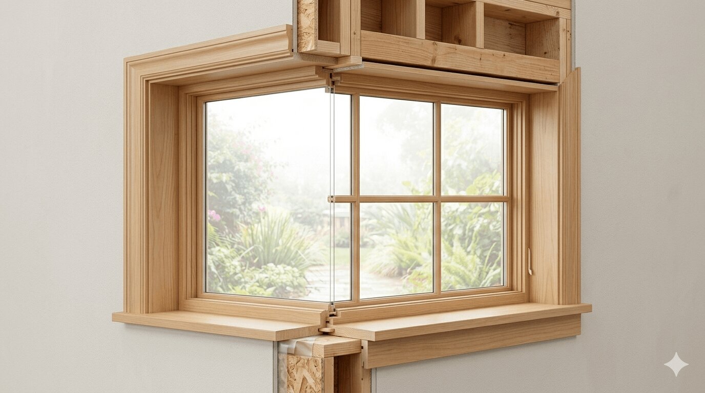 Cross-section view of a residential window showing side jambs, head jamb, and sill inside a wall opening