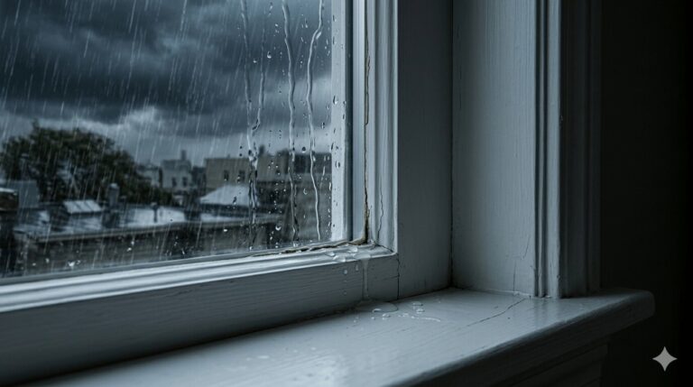 Water seeping through cracked caulk line on interior windowsill during heavy rainstorm