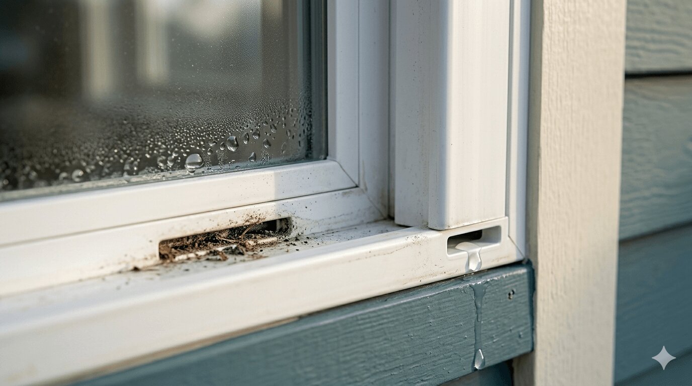 Clogged and clear weep holes side by side on a vinyl window bottom frame during rain