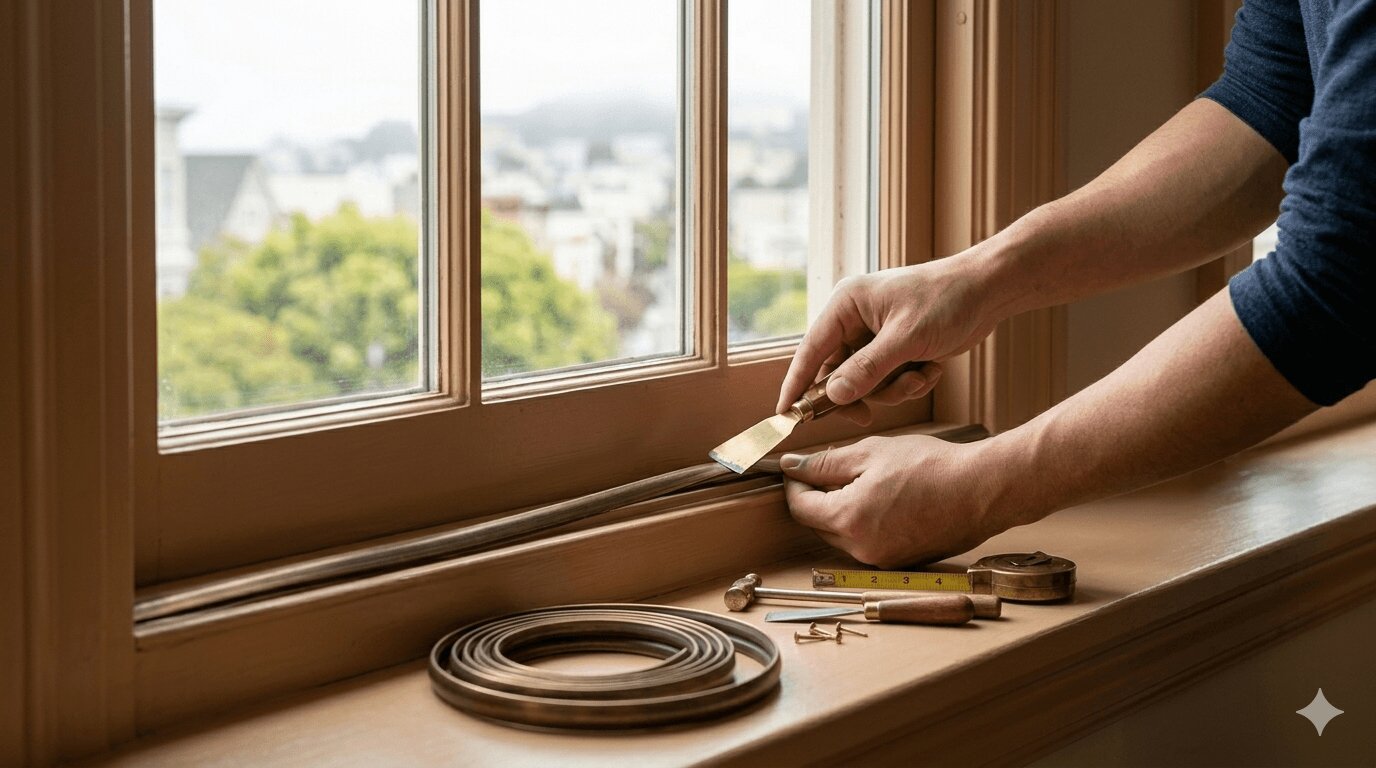 Hands installing bronze V-strip weatherstripping on a double-hung window sash channel in a Bay Area home