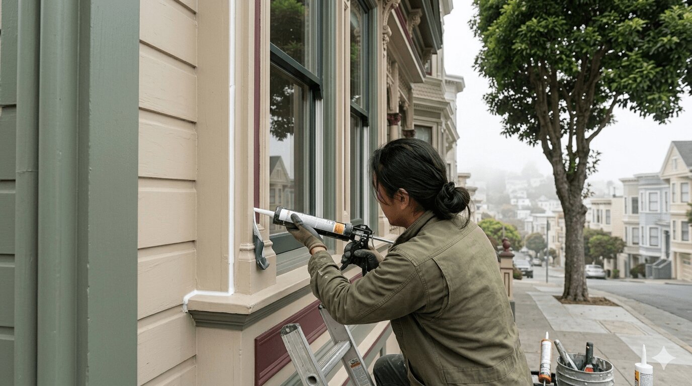Applying exterior silicone caulk around a window frame on a San Francisco home to seal air leaks and prevent moisture damage
