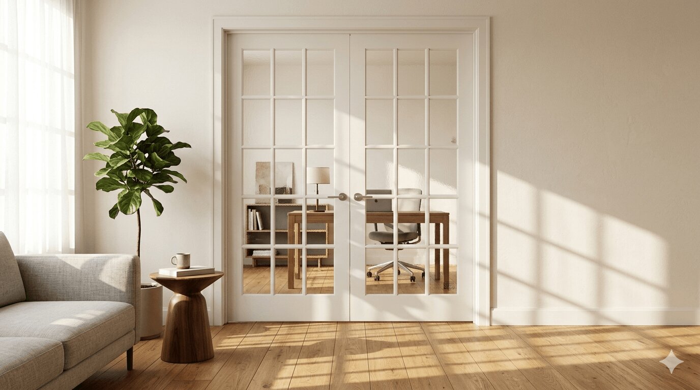 Interior French doors with divided-lite glass panels casting light patterns on hardwood floors in a modern SF home