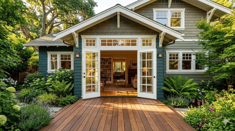 Outswing French doors open onto a wooden deck of a Bay Area craftsman home on a sunny morning